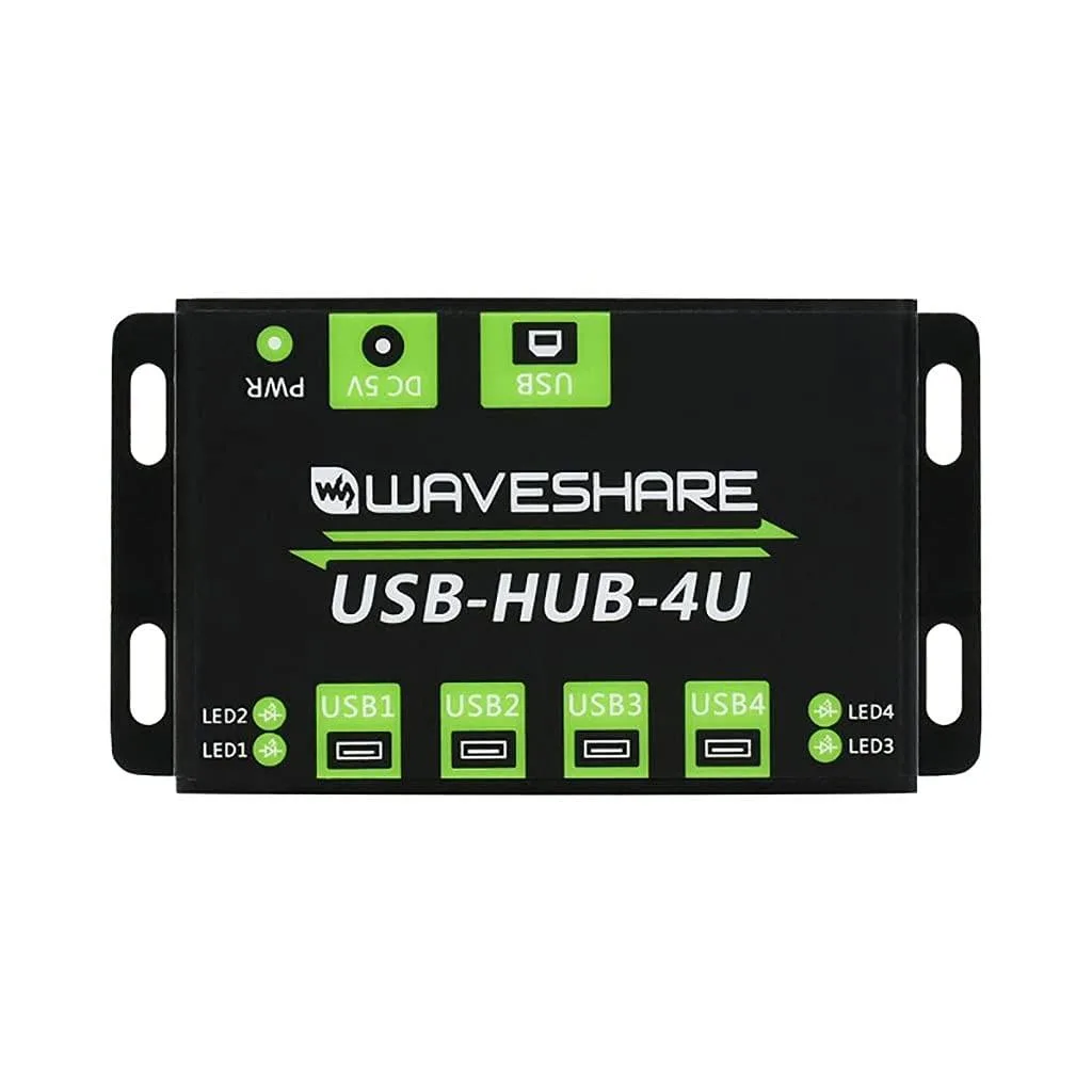 Rectangular metal USB hub with four ports and LED indicators