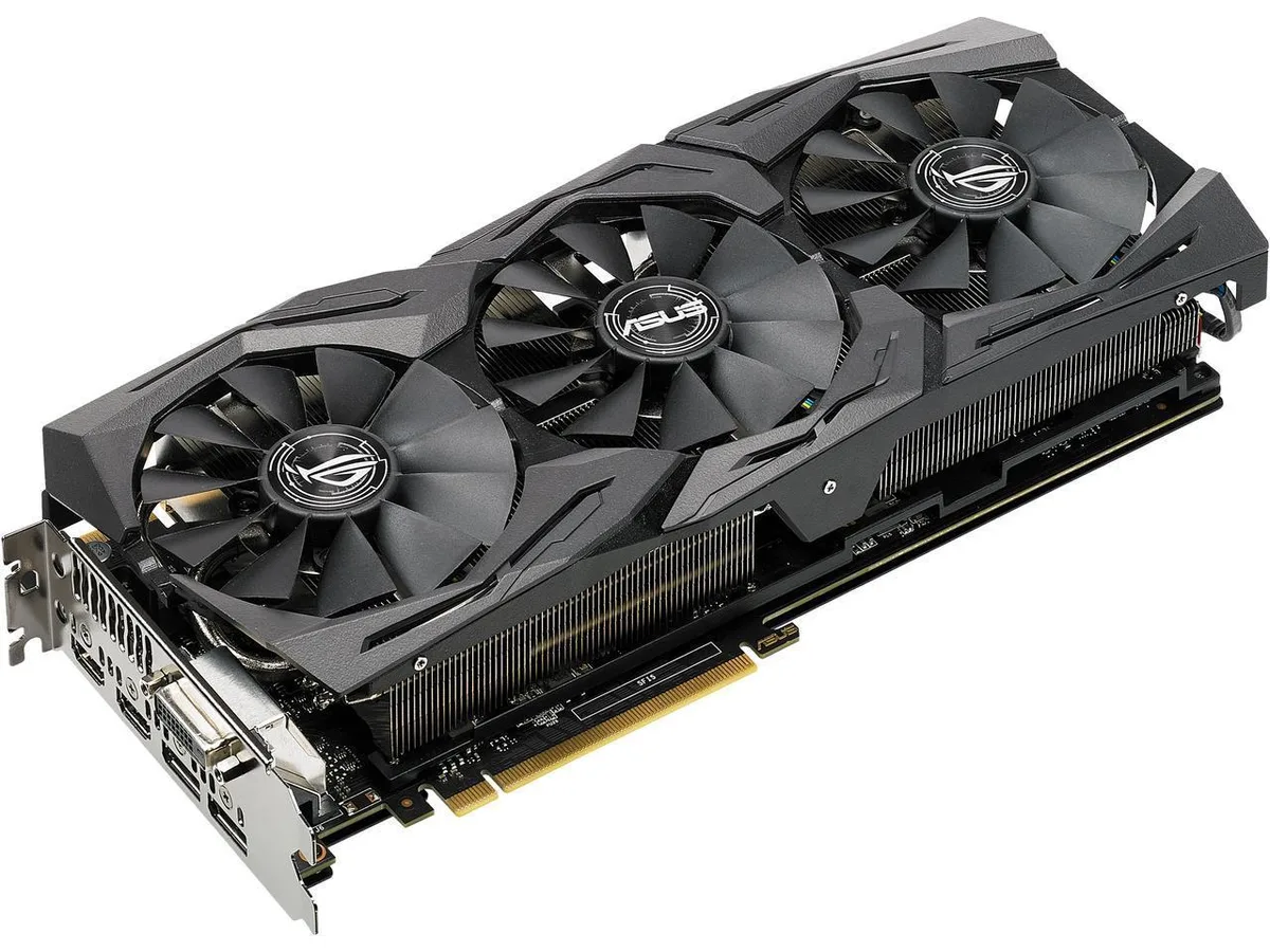 ASUS ROG Strix GTX 1080 Ti triple-fan graphics card with metal backplate and RGB lighting