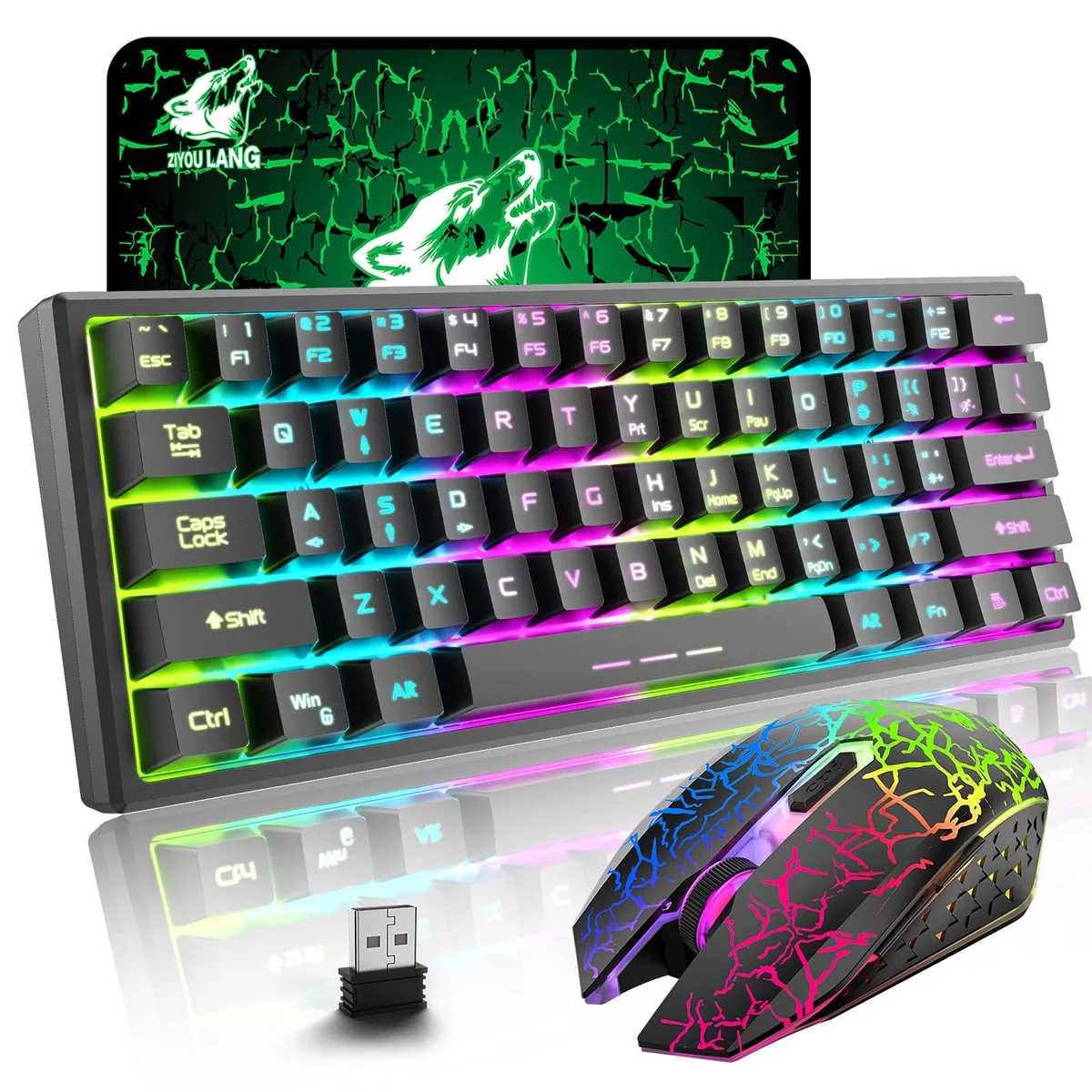 Black 61-key wireless keyboard and mouse combo with rainbow LED backlighting