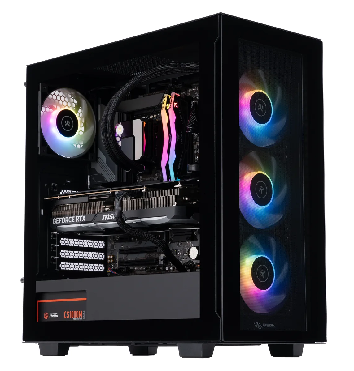 Black mid-tower case with glass side panel and RGB lighting