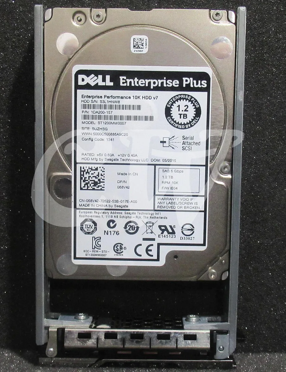 Silver 2.5 inch SAS hard drive with label showing 1.2TB capacity