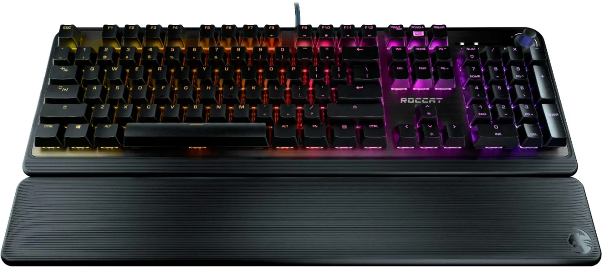 Full-size black mechanical keyboard with brushed aluminium top plate and detachable palm rest