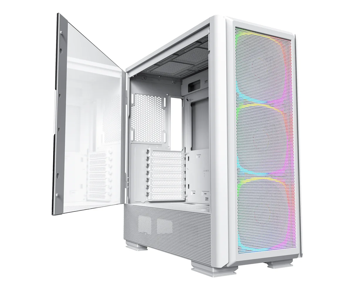 White mid-tower case with metal mesh front panel, tempered glass side window, three pre-installed 140mm ARGB fans