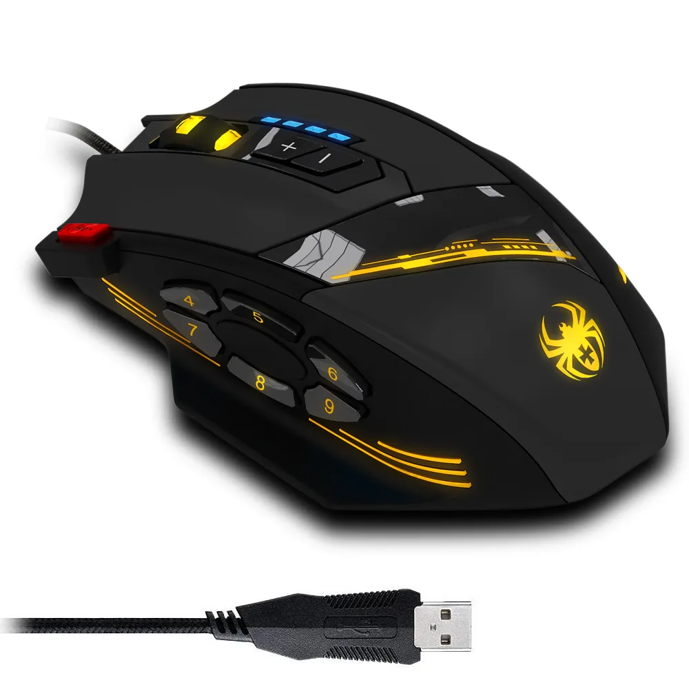 Black right-handed wired gaming mouse with 12 buttons and RGB lighting