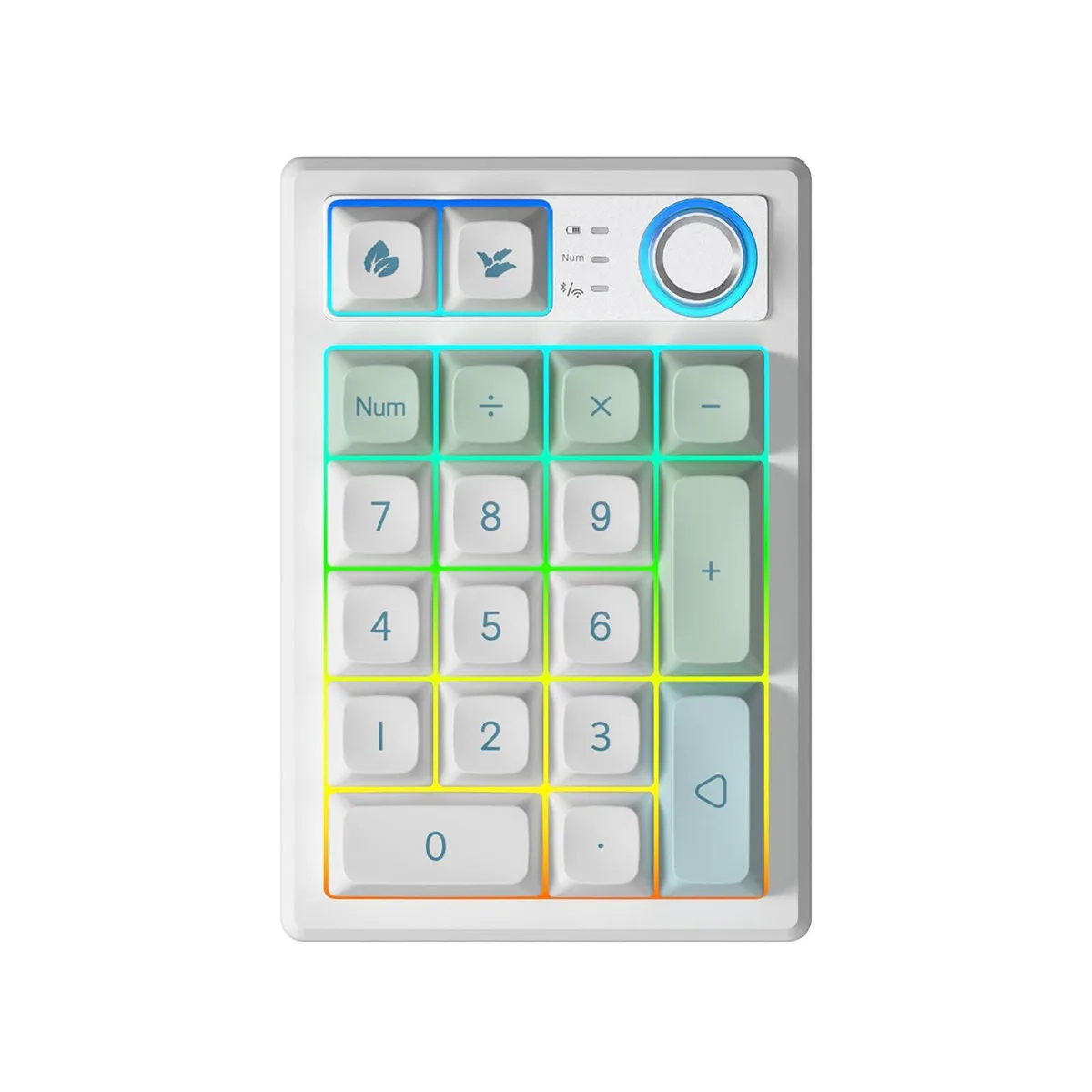 Compact black numeric keypad with tactile switches and a metal knob