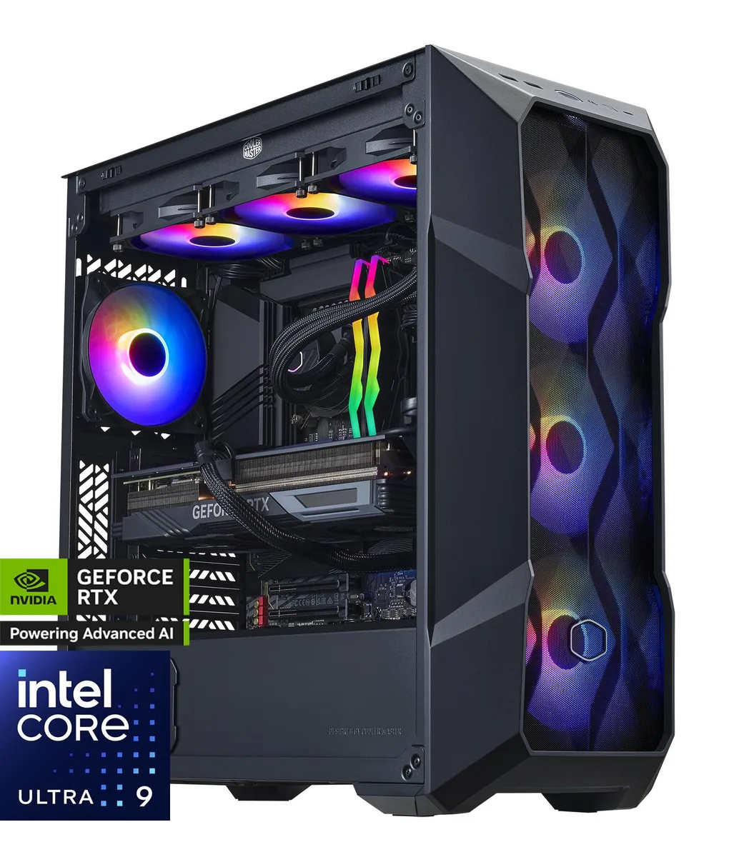 Black mid-tower gaming desktop with mesh front panel and 360mm AIO visible