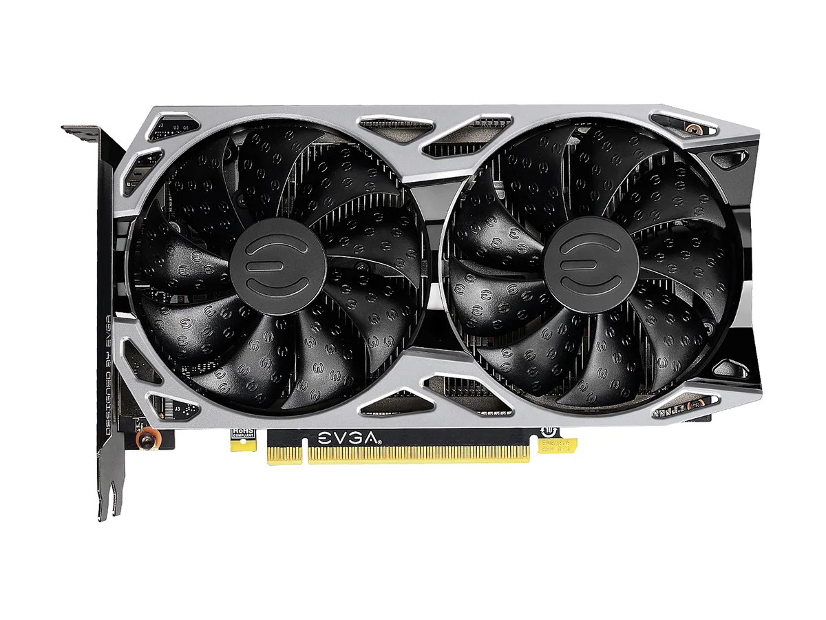 EVGA GeForce RTX 2060 KO Ultra Gaming graphics card, silver dual-fan cooler with metal backplate, two-slot PCIe form factor