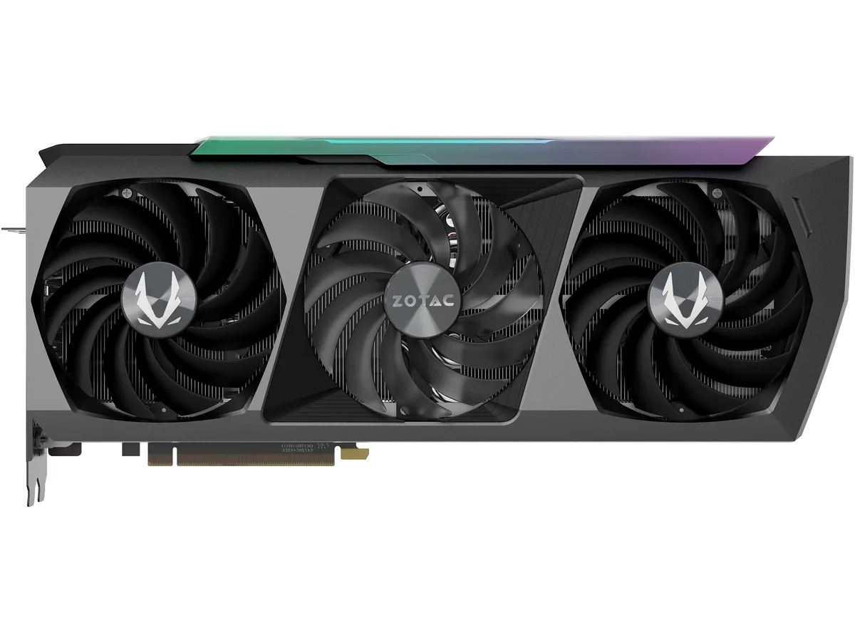 Triple-fan graphics card in black with iridescent accents and RGB lighting, metal backplate, three-slot thickness