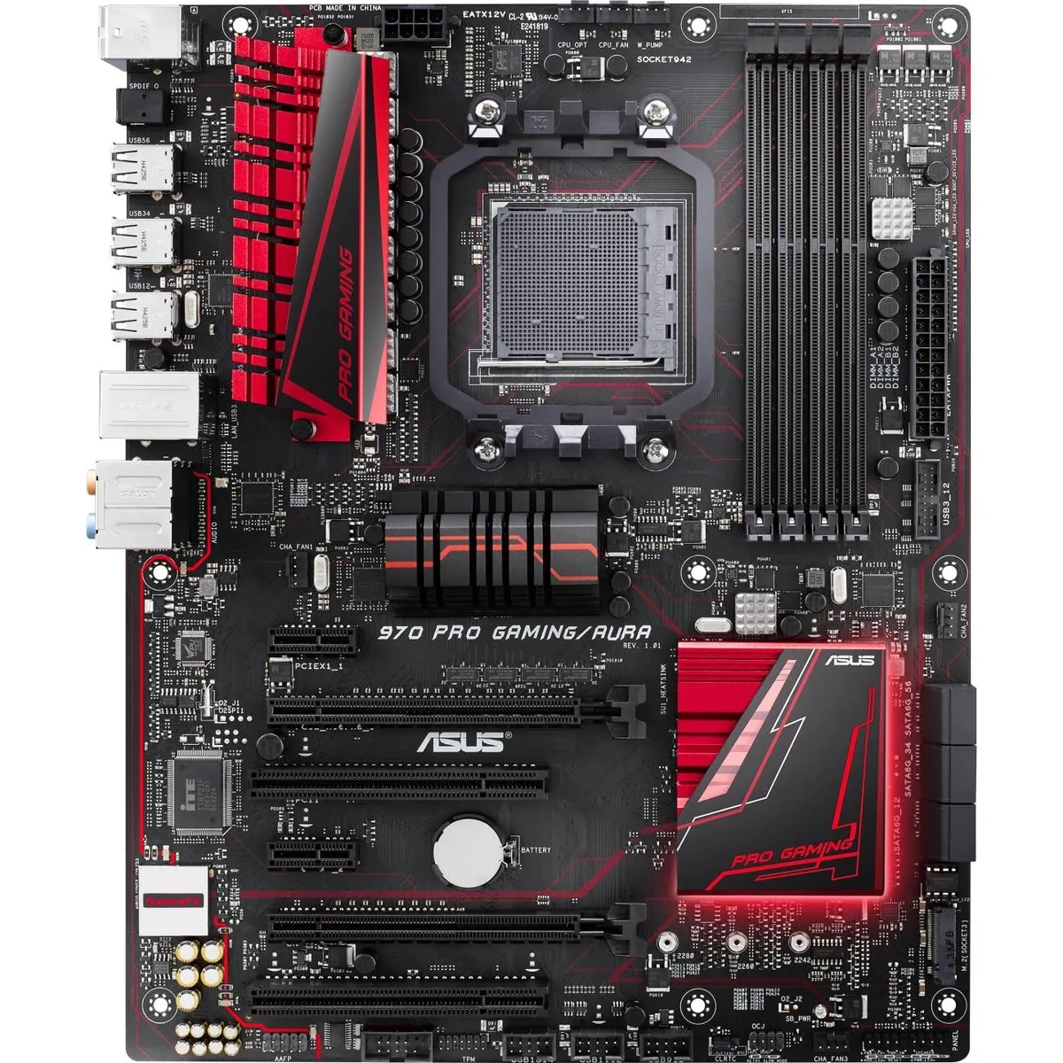 ATX motherboard with black PCB, red accents, and metallic heatsinks