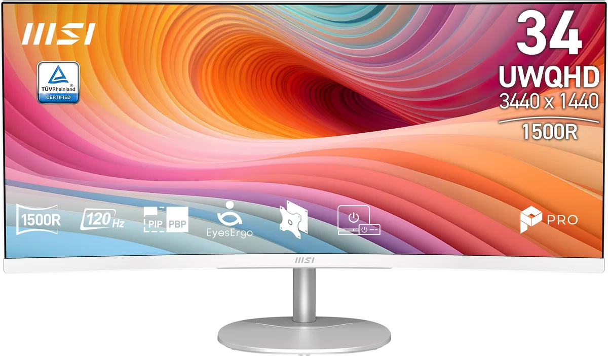 White 34-inch curved ultrawide monitor with thin bezels and matte anti-glare screen