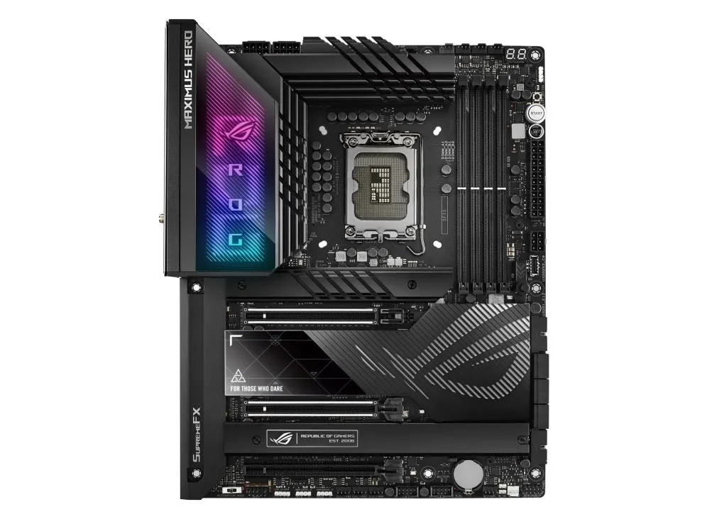 ATX motherboard with black heatsinks and silver I/O shield