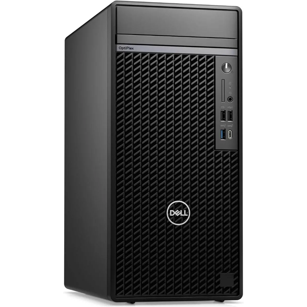 Black Dell OptiPlex Tower Plus 7020 desktop tower with wired keyboard and mouse