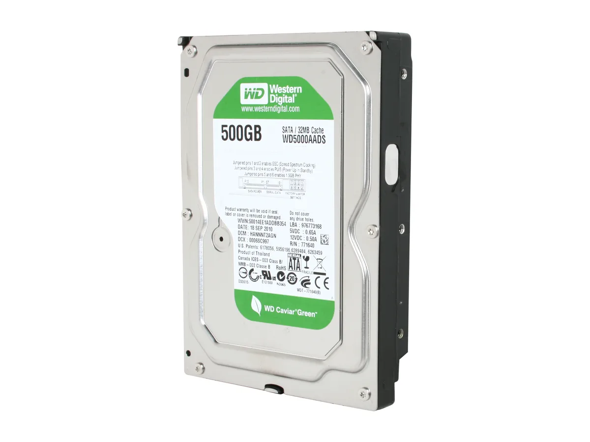 Silver 3.5 inch bare hard drive with green label