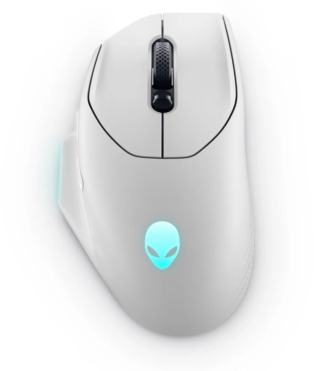 Full-size right-handed gaming mouse in white with textured side grips, RGB zones and a detachable braided cable