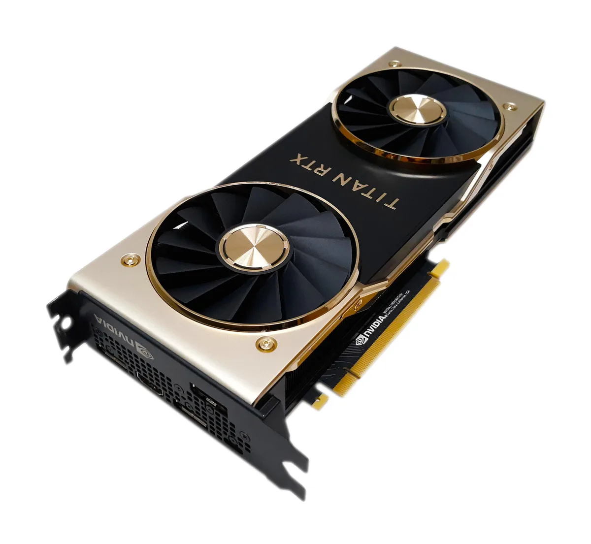 Gold and black dual-slot graphics card with three DisplayPort, one HDMI and one USB Type-C connectors