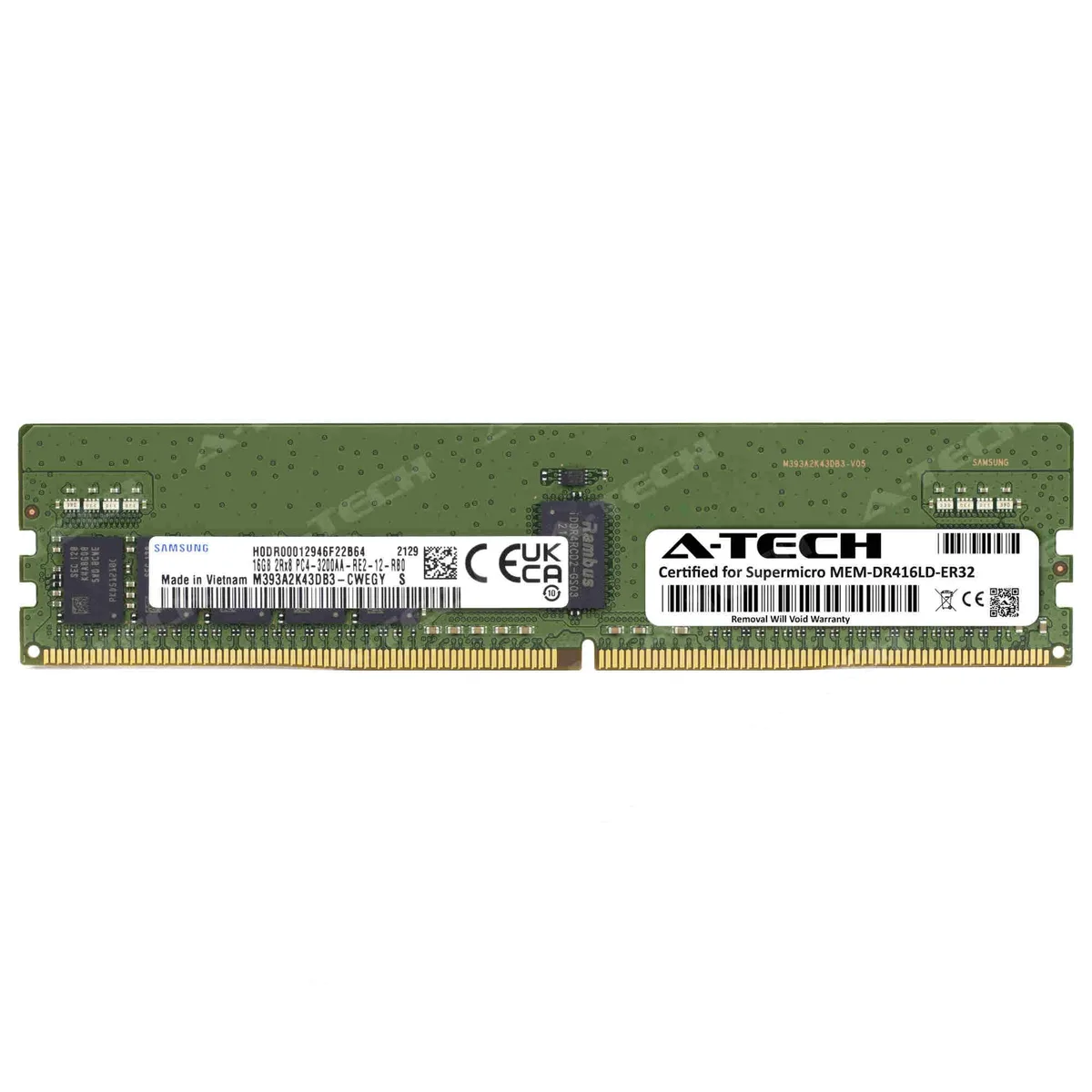Green DDR4 RDIMM module with black chips and gold contacts