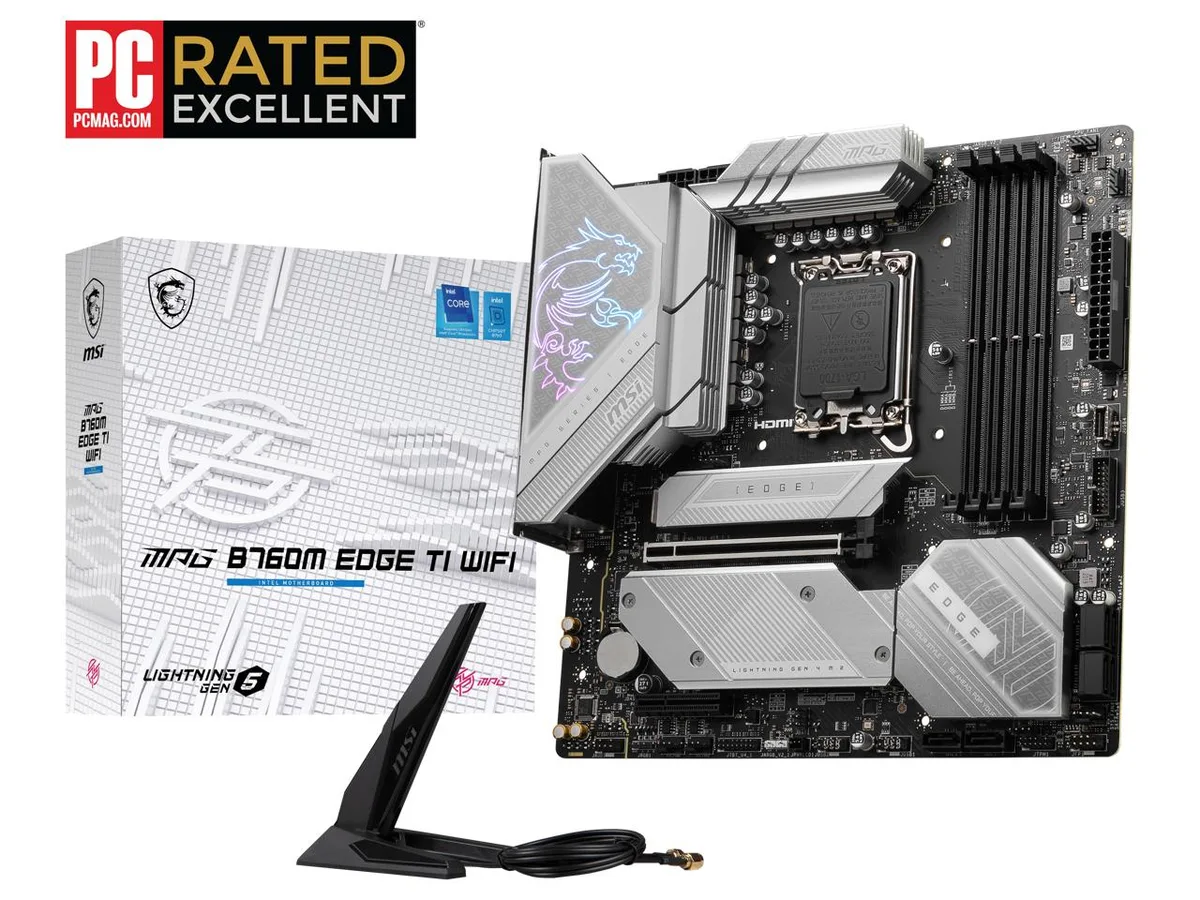Micro-ATX motherboard in black with silver heatsinks and screwless M.2 shields