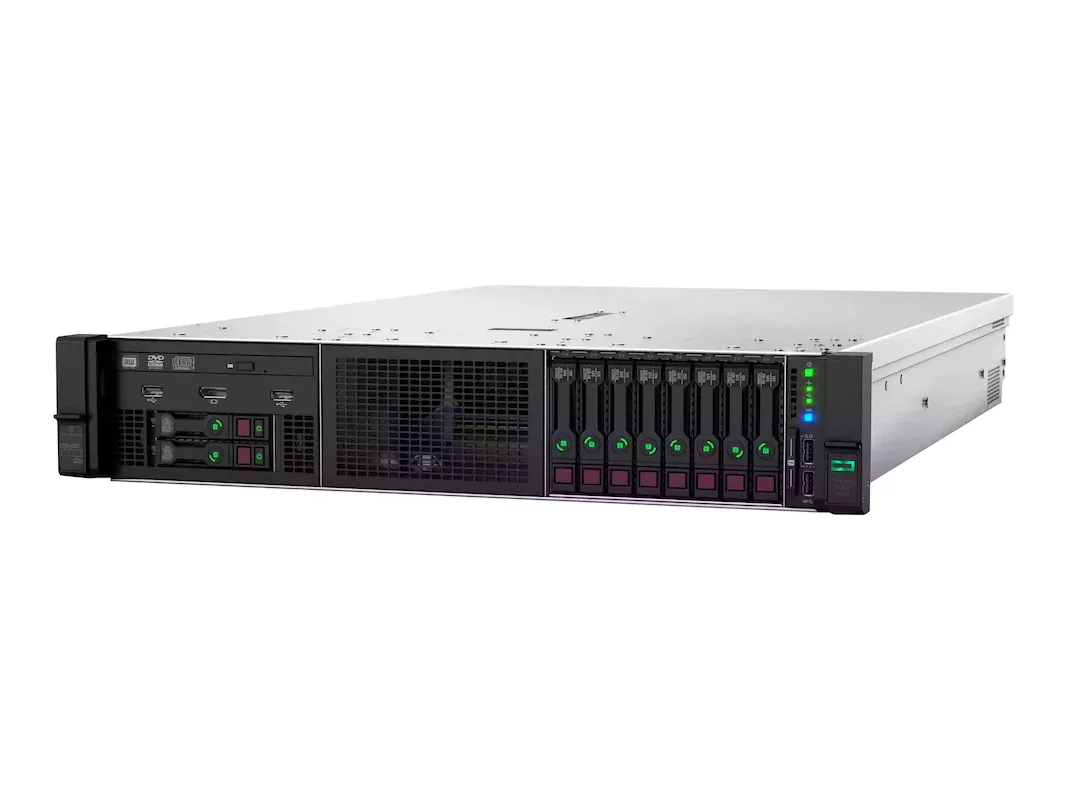 Silver 2U rack server front with drive bays and power button