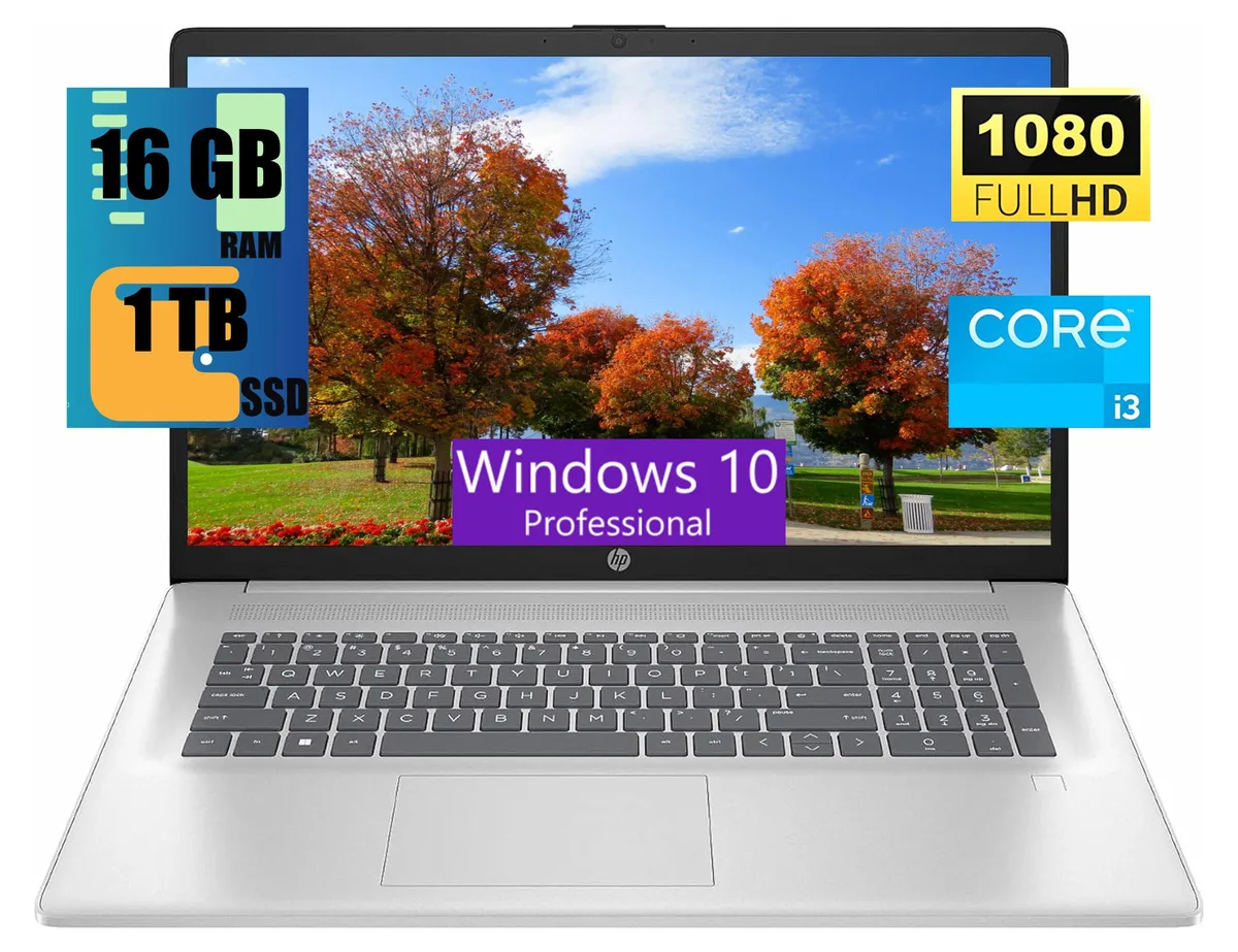 Silver 17.3-inch laptop with micro-edge anti-glare screen and fingerprint reader