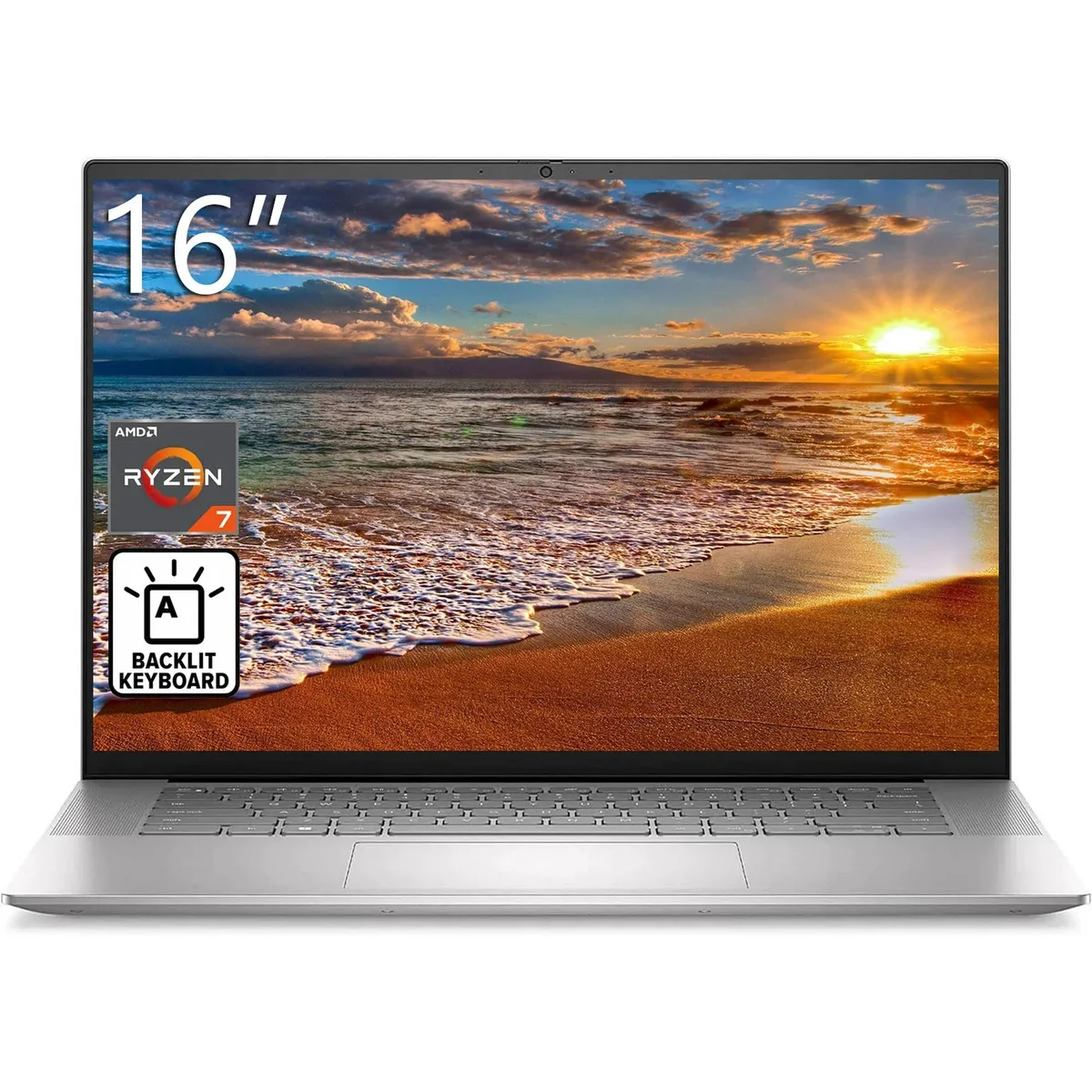 Silver laptop with 16 inch display and backlit keyboard