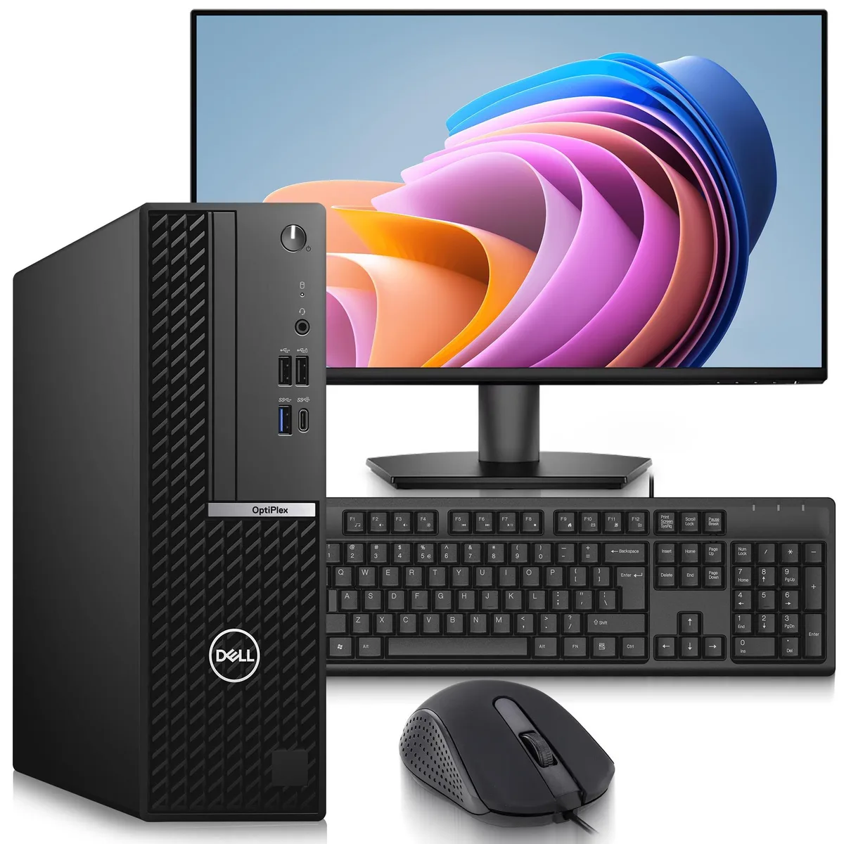 Small black Dell OptiPlex 5080 tower beside 24 inch monitor with keyboard and mouse