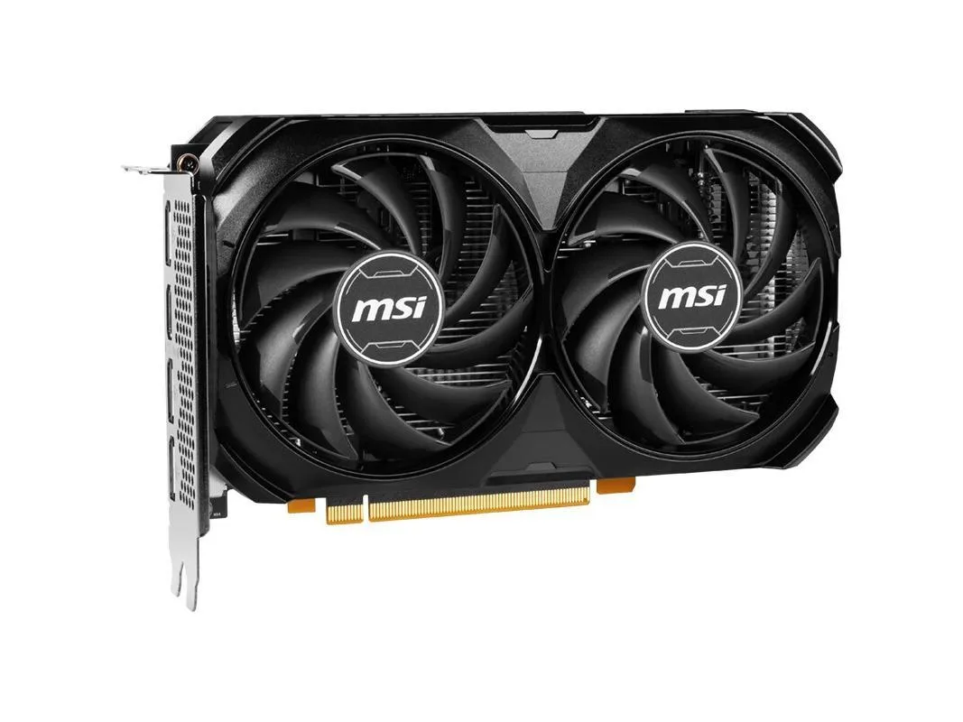 Black dual-fan graphics card with silver backplate