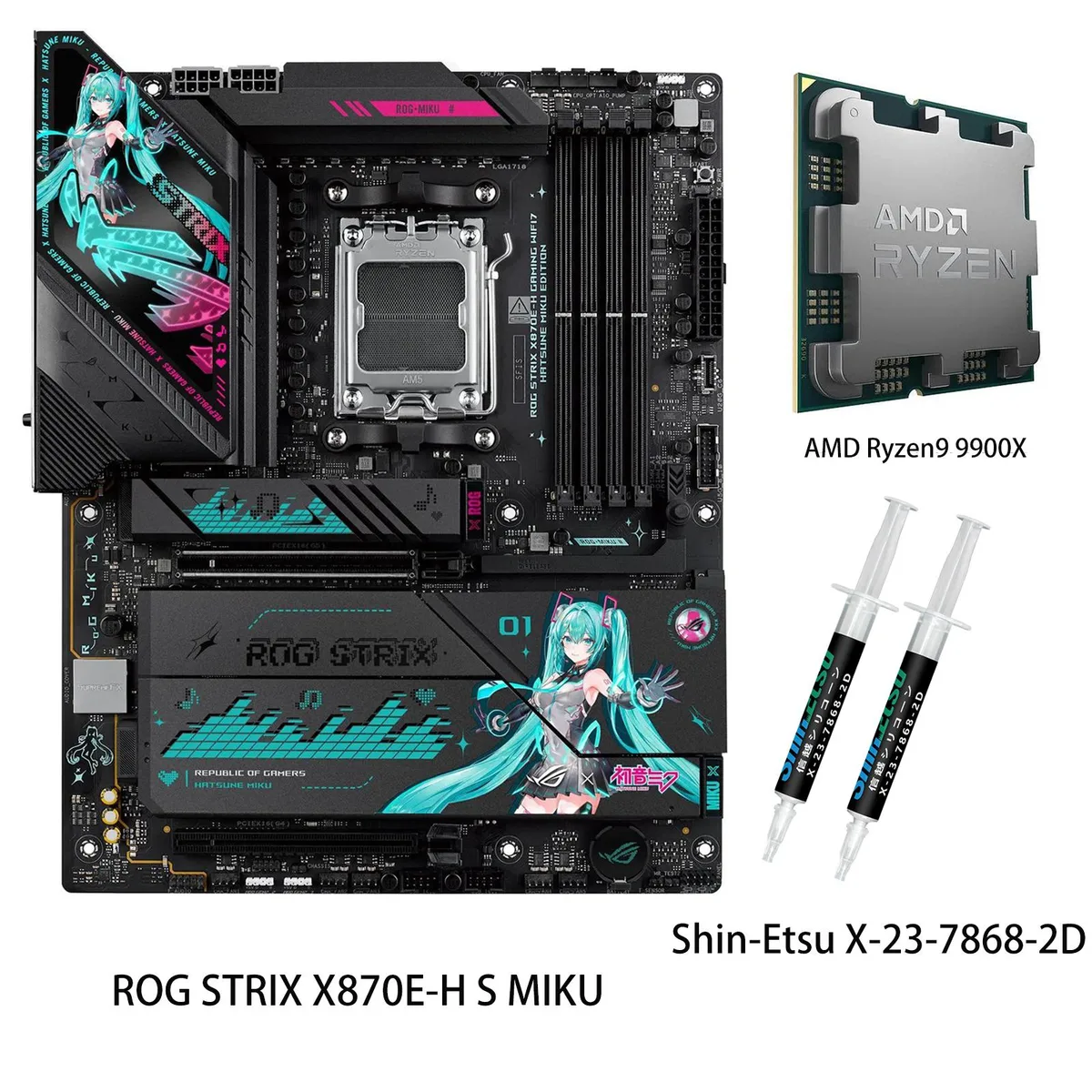 ASUS ROG STRIX X870E-H S MIKU motherboard with Ryzen 9 9900X CPU