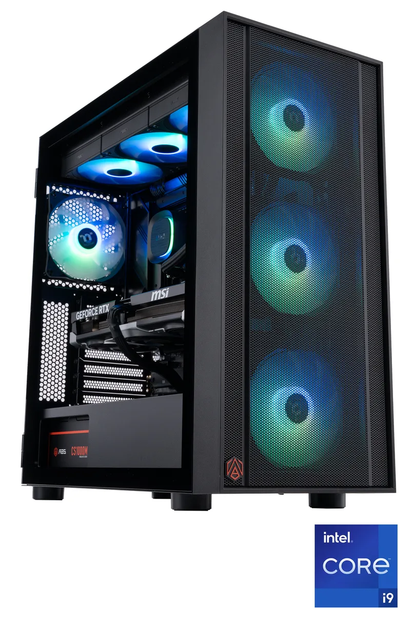 Black mid-tower gaming desktop with 360 mm liquid cooler and RGB memory