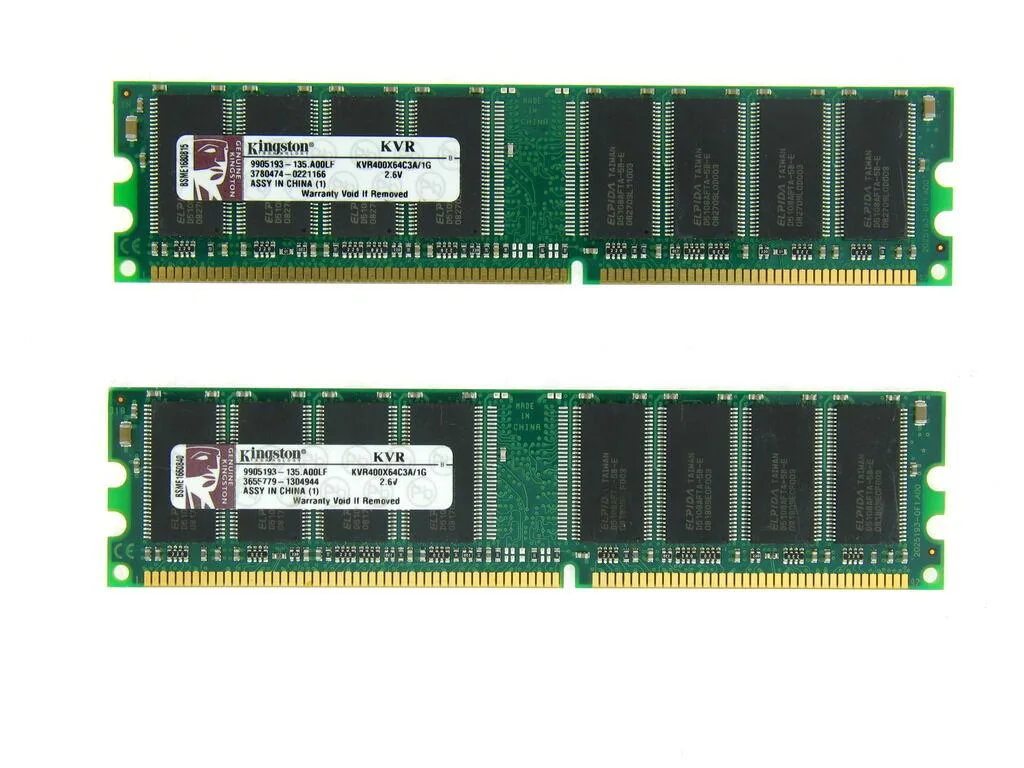 Two green DDR1 DIMM sticks with gold 184-pin edges