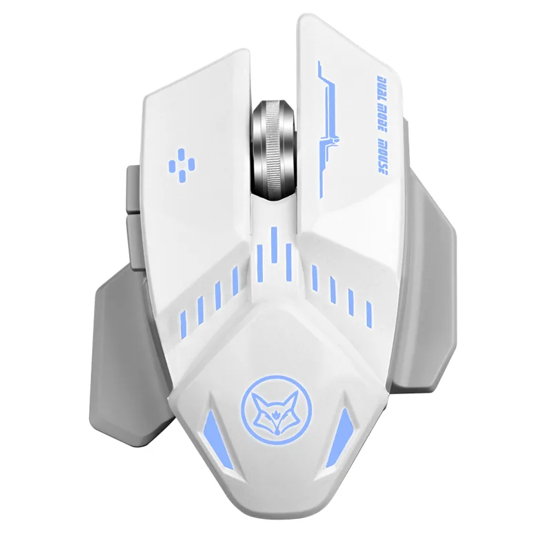 White ergonomic wireless gaming mouse with six buttons and metal scroll wheel