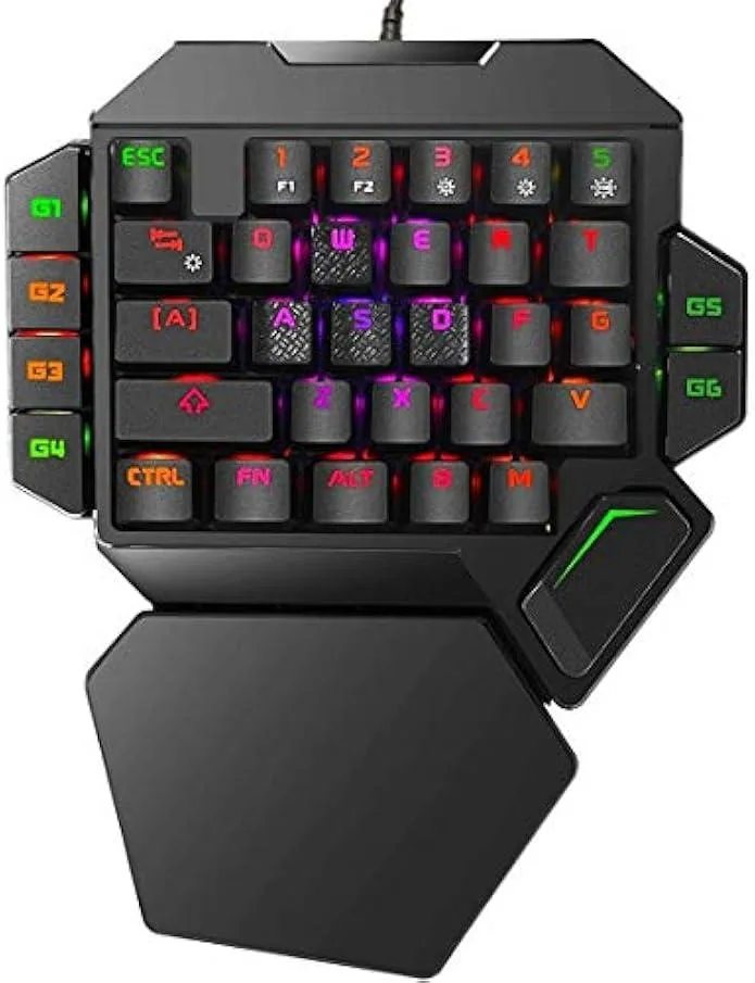 Compact 35-key mechanical gaming keypad with RGB backlighting and attached wrist rest