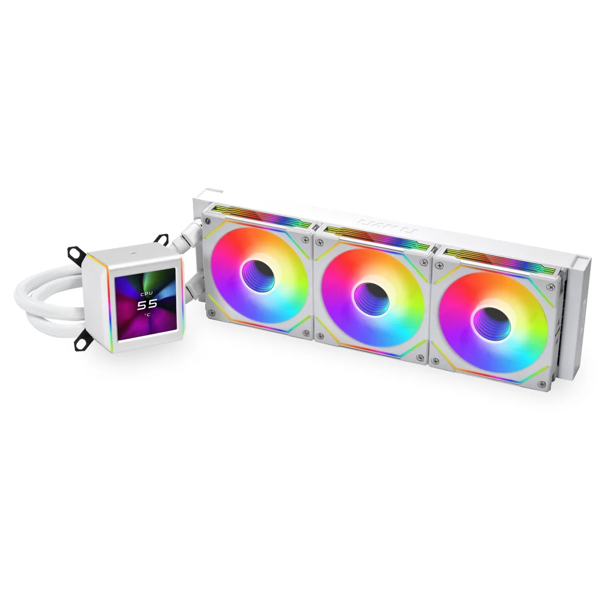 White 360 mm liquid cooler with three 120 mm fans, square LCD pump head and white tubing