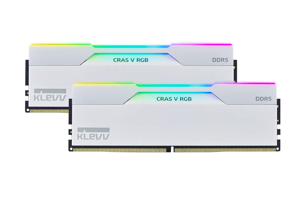 Two white DDR5 DIMMs with RGB light bars