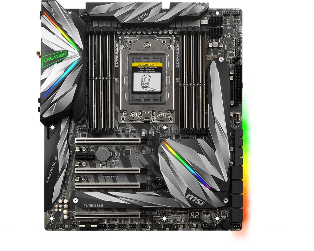MSI MEG X399 CREATION motherboard in extended ATX form factor, dark finish with metal shielding