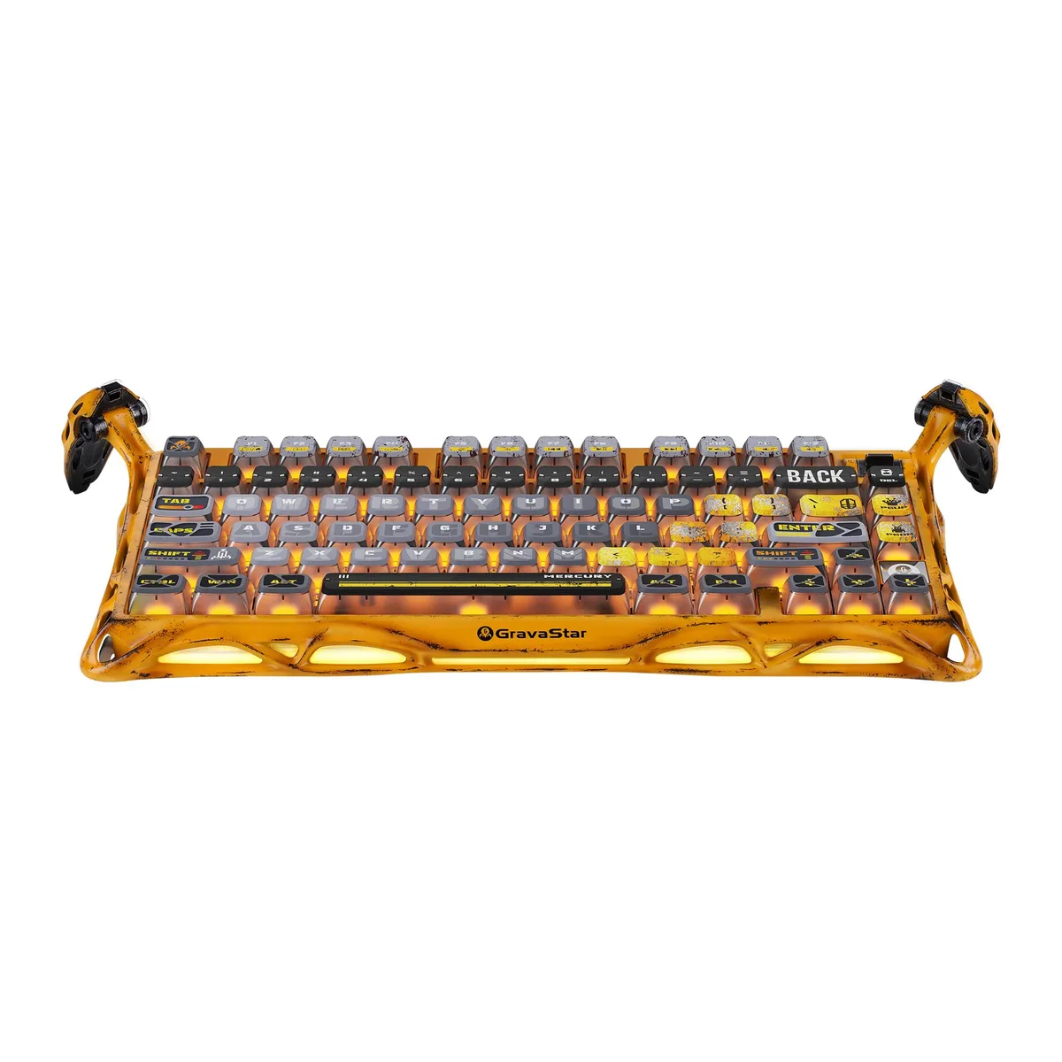 Compact 75% aluminium keyboard in battle-worn yellow with pudding PBT keycaps and a side knob