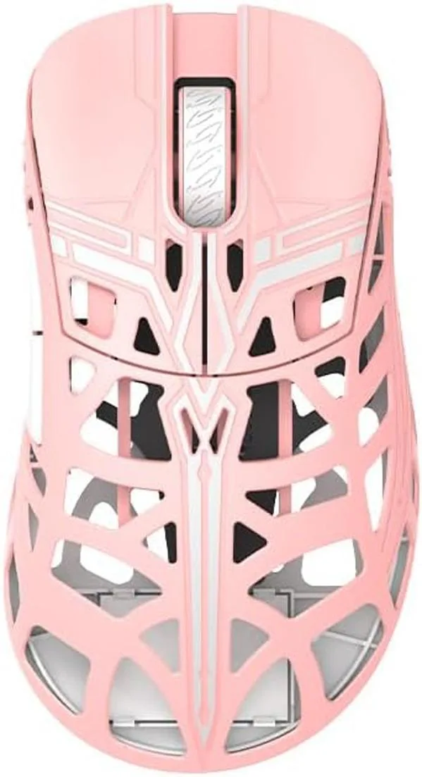 Pink lightweight magnesium alloy wireless gaming mouse with transparent black buttons and 8KHz receiver