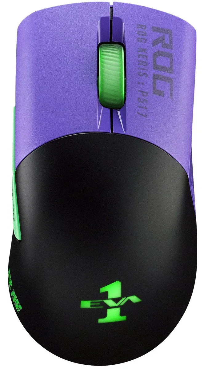 Right-handed gaming mouse in purple, green and black with matte PBT buttons and honeycomb shell