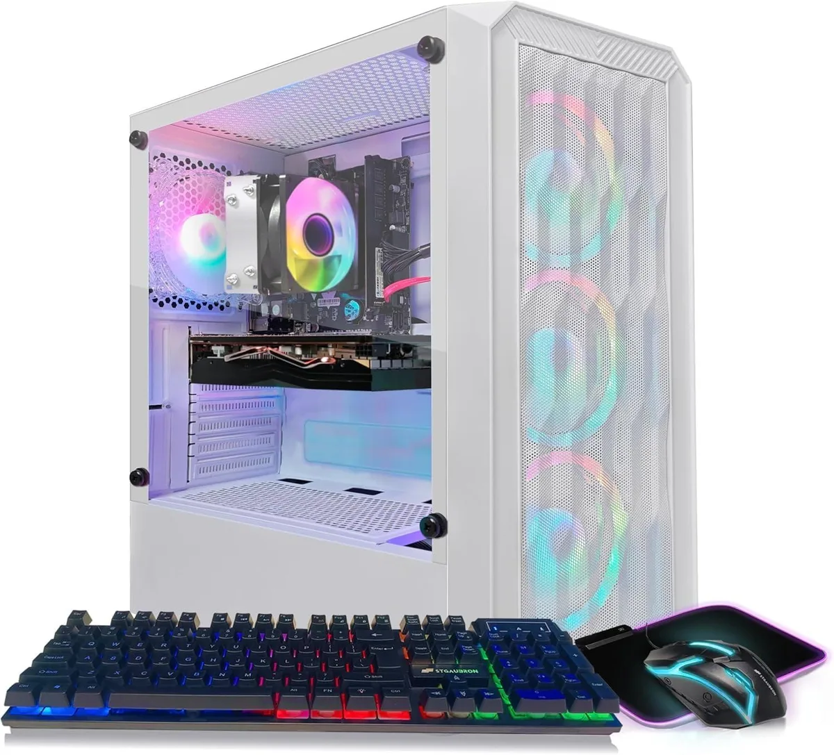 A black mid-tower gaming desktop with four illuminated RGB fans visible behind a mesh front panel
