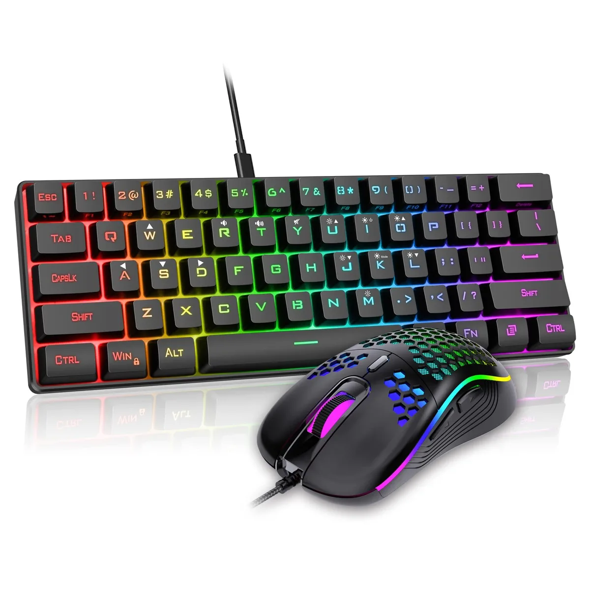 Black ultra-compact 61-key keyboard with honeycomb-shell mouse, both RGB backlit