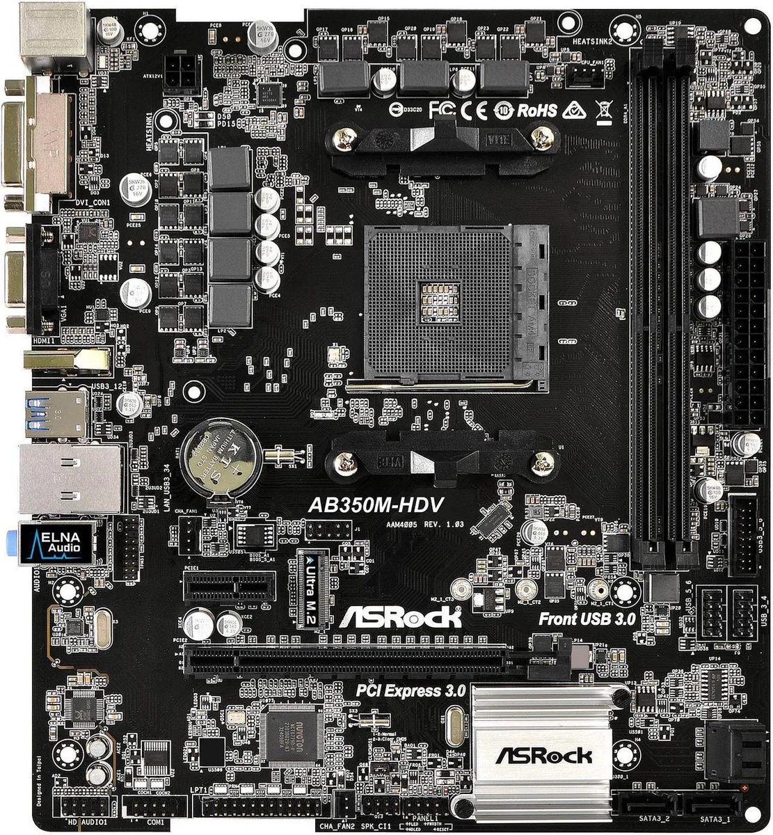 ASRock AB350M-HDV Micro ATX motherboard, black PCB, AM4 socket, two DDR4 slots, M.2, D-Sub, DVI-D, Gigabit LAN