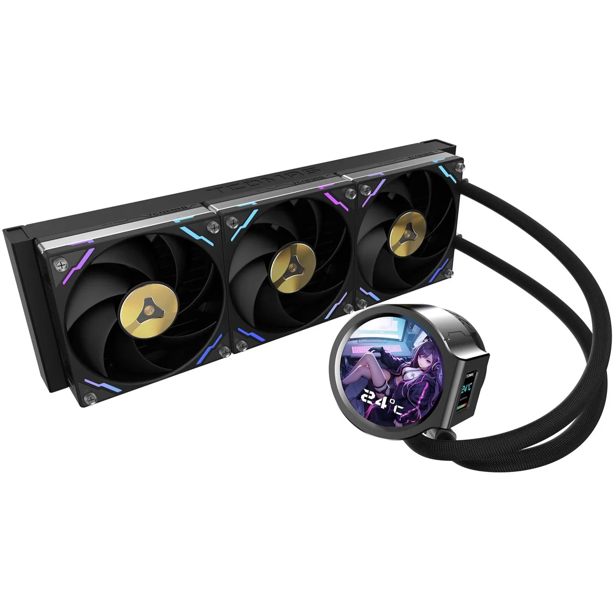 Black 360 mm AIO with round 2.8 in IPS screen, square 1.44 in LCD, three ARGB fans, CNC aluminium pump housing