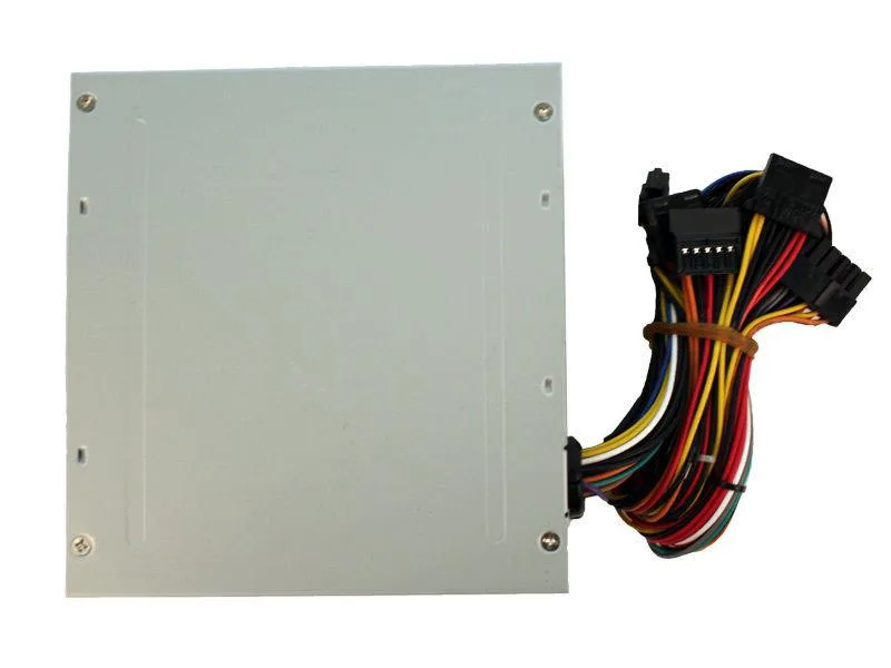 Grey ATX power supply unit with single fan and multiple cable connectors