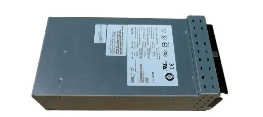 Rectangular silver server power supply unit with rear fan grille and connector panel
