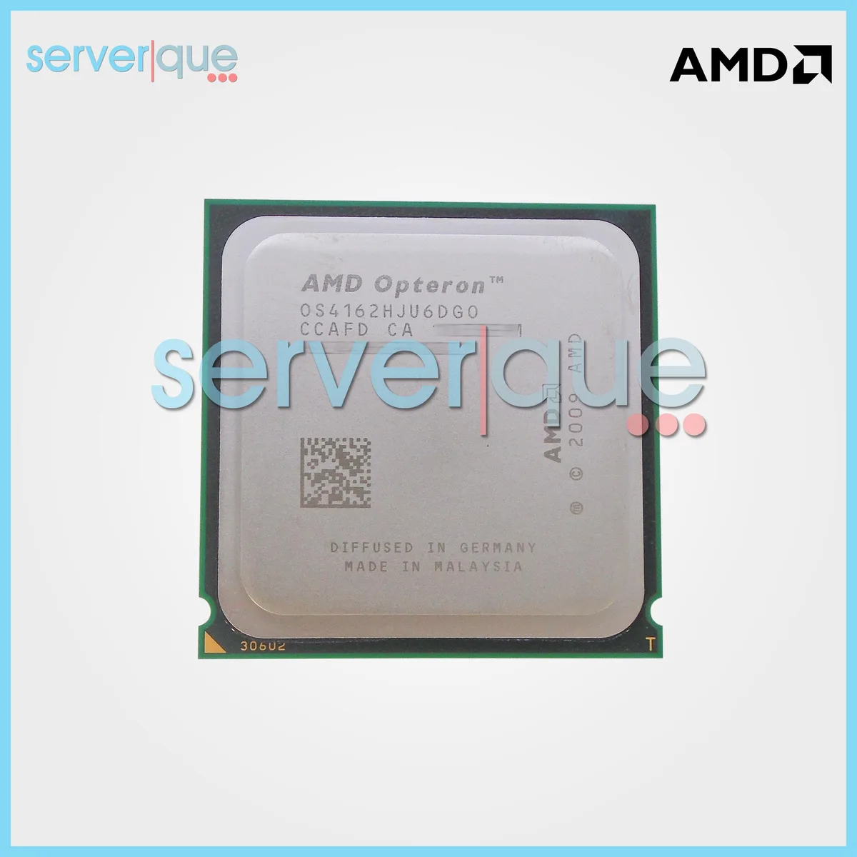Green rectangular CPU with gold contacts and silver heat spreader labelled Opteron 4162 EE
