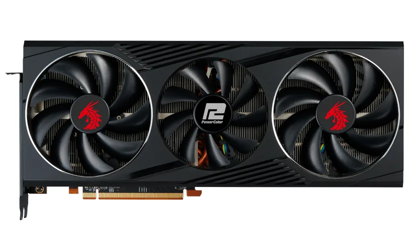 Triple-fan graphics card in dark metal finish with red accents