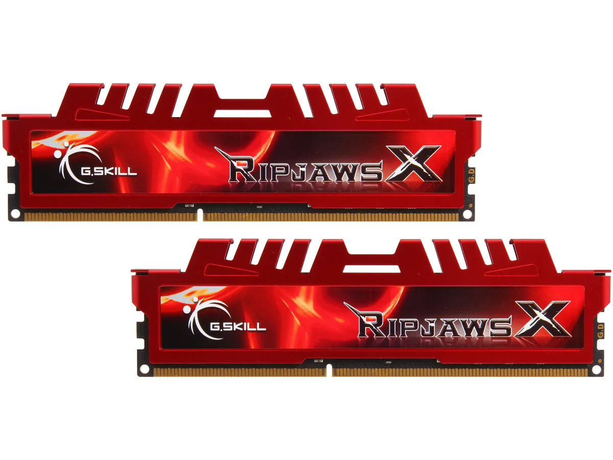Two red aluminium heat-spreader DDR3 modules side by side