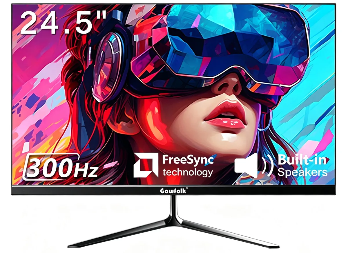 Black frameless 24.5-inch flat IPS gaming monitor on a stand