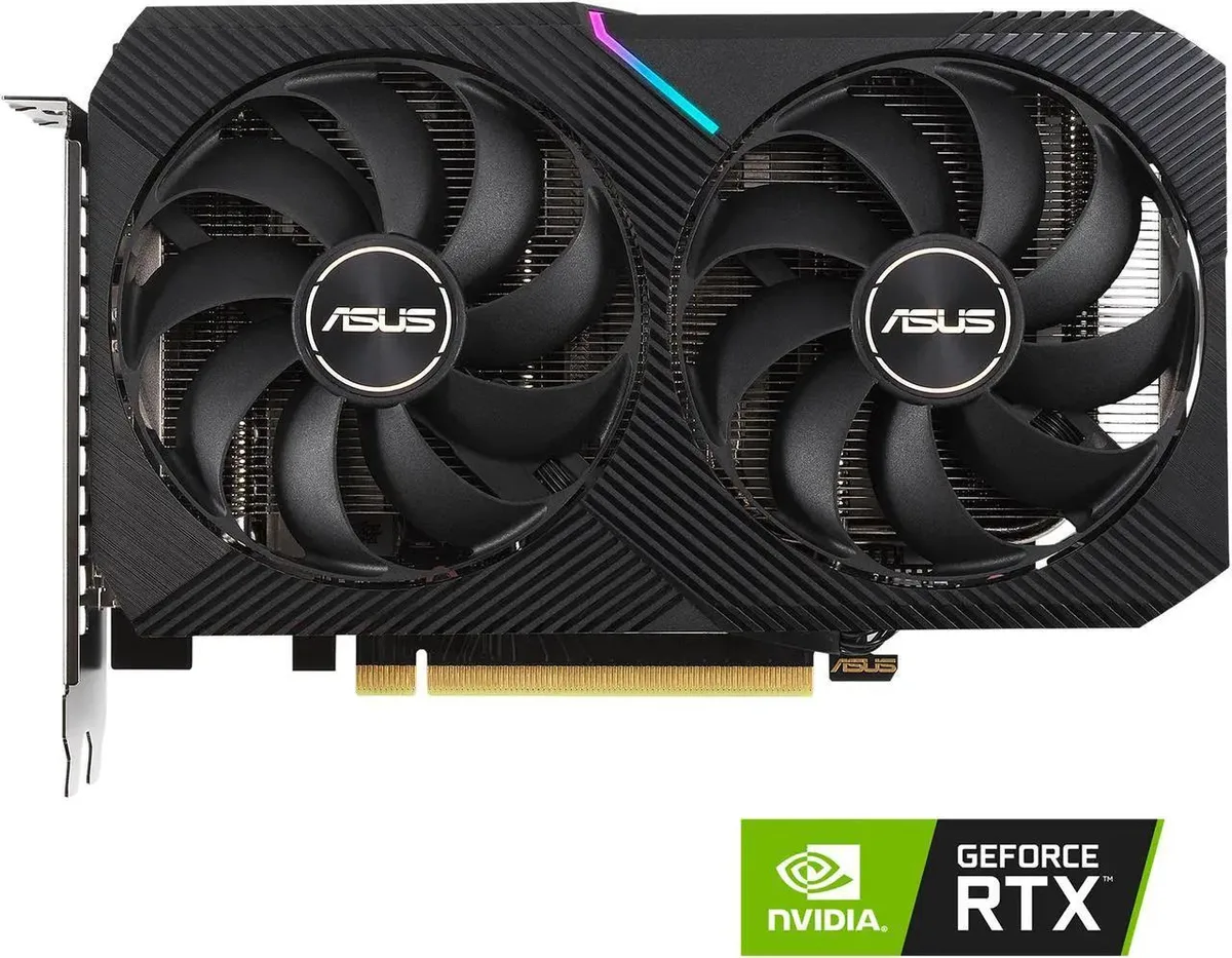 Compact dual-fan graphics card in dark gunmetal finish with silver accents and exposed heatsink visible through vents