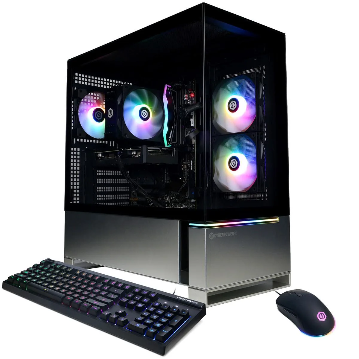 Black mid-tower gaming desktop with front mesh panel