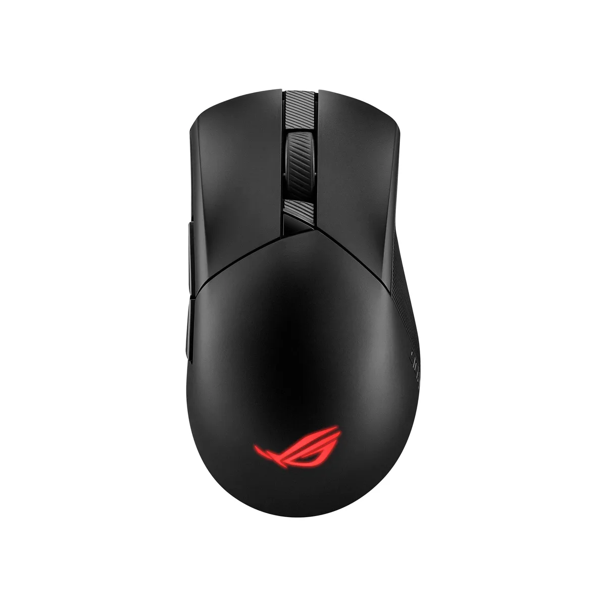 Black right-handed ergonomic wireless gaming mouse with six buttons and textured grip tape